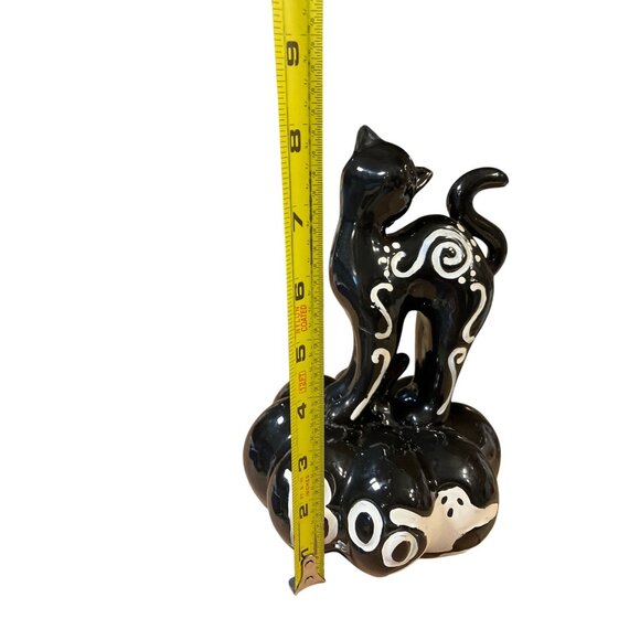 Ceramic Black Cat On Pumpkin Halloween Decor Figurine With White Ghost & "Boo" D - Picture 9 of 15